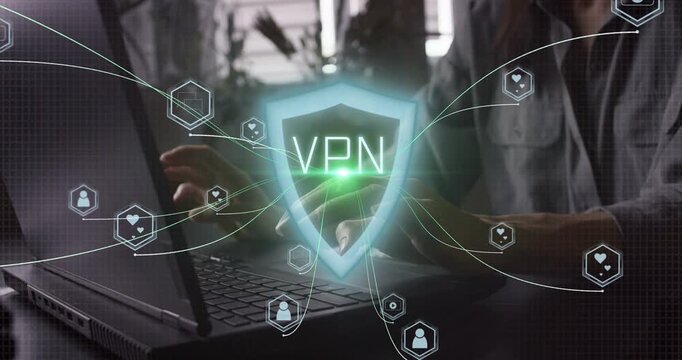 Data protection and cyber security. Secure VPN access and avoid ban information and censored. Business Person using laptop computer with an encrypted connection in network system