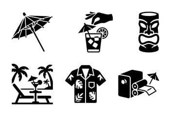 Summer vacation icon set beach, cocktail, shirt, tiki outline, solid styles, white background © pixpond