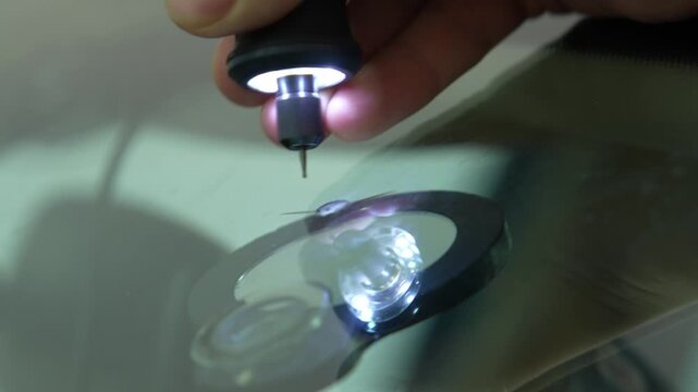 Windshield chip repair process drilling glass in 4K video. Repairing a broken car window in 4K. Close up of hands using a micro drill with LED light on damaged automotive glass