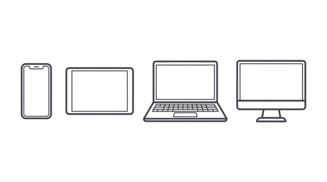 Collection of modern electronic devices including smartphone tablet laptop and desktop computer icons transparent background