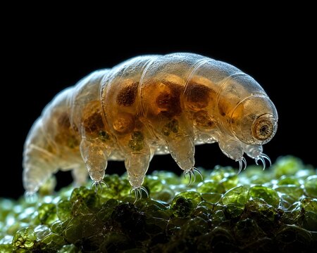 Extraordinary macro render of a tardigrade at 400x on wet moss, showing clawed legs gripping individual moss cells, translucent amber body with visible internal organs, and segmented cuticle texture