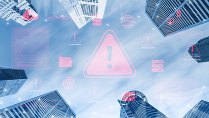 Fototapeta na wymiar A captivating view of modern skyscrapers under a bright sky, showcasing digital warning symbols and security alerts, symbolizing technology and urban innovation in city environments. Cyphers