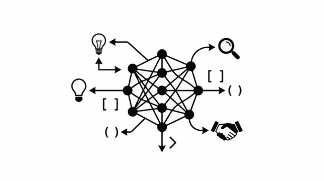 Neural network diagram with inputs outputs and analysis icons