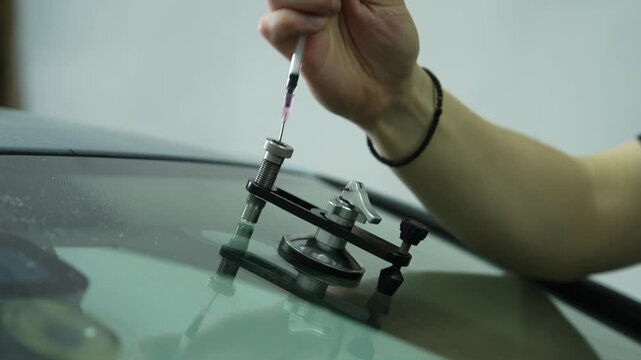 4K video of loading windshield repair injector with polymer resin using a syringe. Mechanic using a syringe to inject liquid clear resin into a metal bridge tool for rock chip repair