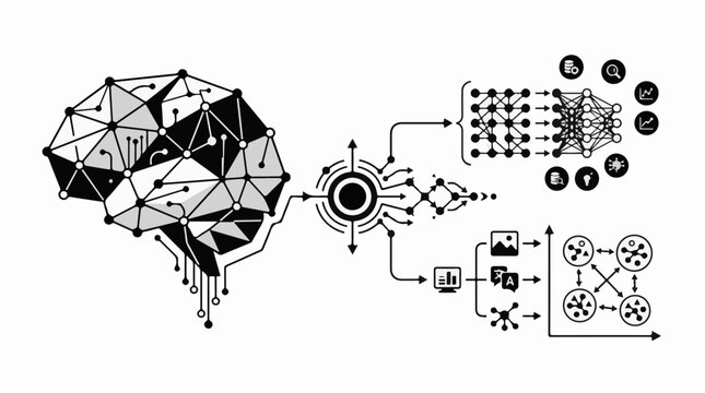 Abstract depiction of neural network processing and data analysis