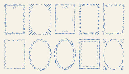 Whimsical Mediterranean frame set. Italian doodle borders. Blue outline frames. Decorative vector рandmade stationery design. Vintage сafe menu label branding graphics. Scrapbook journal elements © babayuka