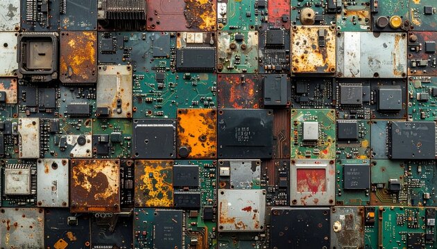 Detailed View of Electronic Circuit Boards and Components.