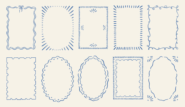 Whimsical Mediterranean frame set. Italian doodle borders. Blue outline frames. Decorative vector рandmade stationery design. Vintage сafe menu label branding graphics. Scrapbook journal elements