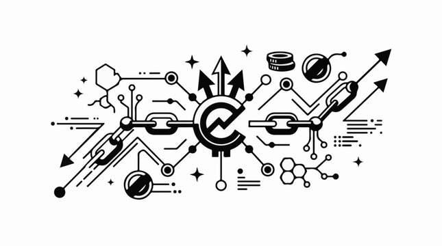 Abstract digital network with chains arrows and molecular structures