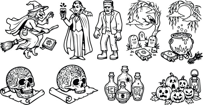 spooky halloween silhouette elements and cute ghost. halloween silhouette style icons. monochrome icons