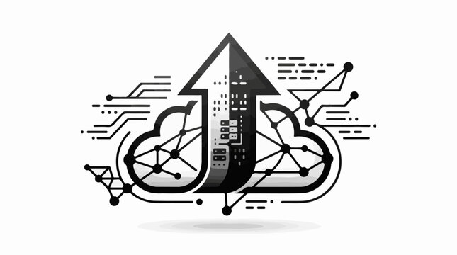 Upward arrow with circuitry and clouds representing data growth