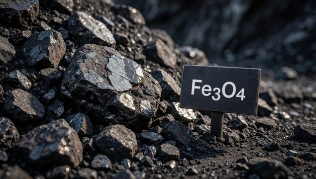 Small black sign text fe3o4 written placed pile rocks pebbles different sizes shapes larger smaller background