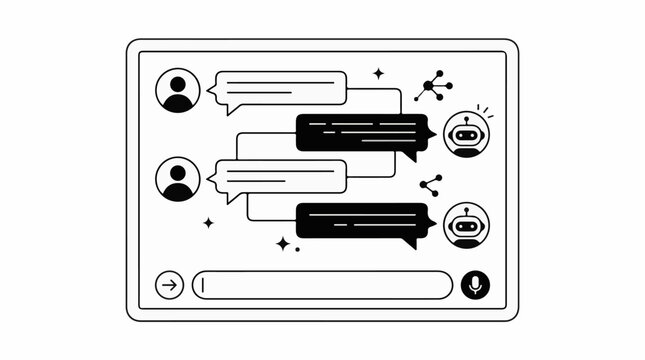Digital conversation interface with chat bubbles bots and user icons
