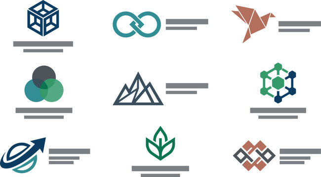 Corporate business minimalist logo icon set with geometric symbols for cube infinity bird mountain venn diagram arrow leaf and abstract knots