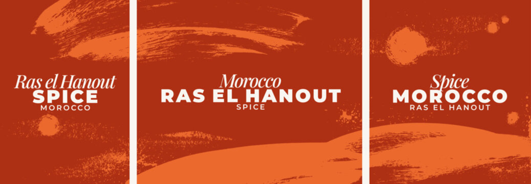 Morocco Ras el Hanout spice poster template. Premium brush stroke background layout. Minimalist food banner backdrop. Modern seasoning package label design. Organic Marrakesh advertising vector