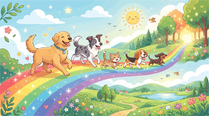 Naklejka premium Happy Group of Dogs and a Cute Cat Walking Together Along a Magical Rainbow Bridge in a Sunny Garden Meadow Landscape