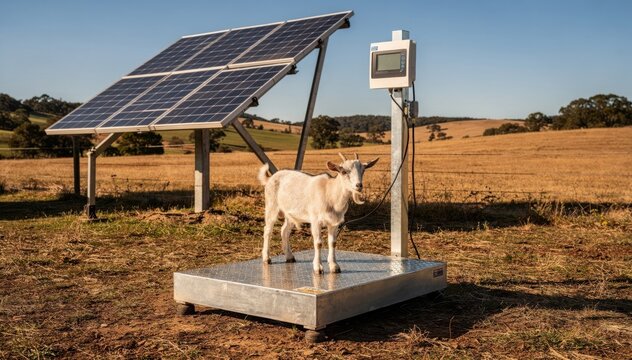 Medium shot of a solarpowered remote weighing station measuring small livestock on an outdoor platform scale amidst a rural landscape with solar panels absorbing sunlight.
