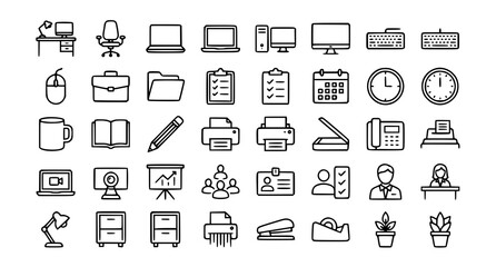 Fototapeta premium Modern Workplace Outline Icon Pack Editable Stroke Monochrome Vector Illustration