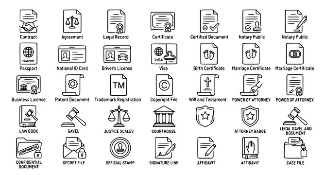 Legal Contract Document Editable Line Icon Collection Vector Set