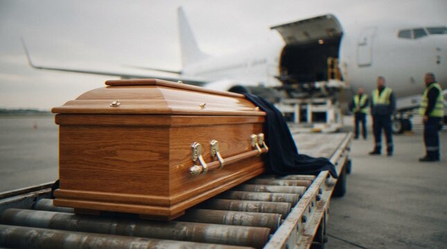A wooden casket rests on a metal conveyor platform on an airport tarmac, with airport staff in the background near a cargo plane.