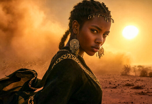 Wodaabe Woman in Indigo Embroidered Tunic at Sahel Twilight