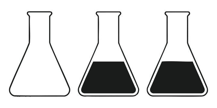 Three erlenmeyer flask black icons with various liquid levels for scientific experiments.