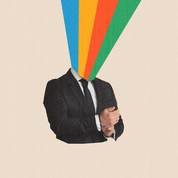 Unrecognizable Man In Suit With Colorful Lines Emanating From Neck, Standing In Abstract Background. A Representation Of Creativity And Imagination At The Workplace, Office Setting.