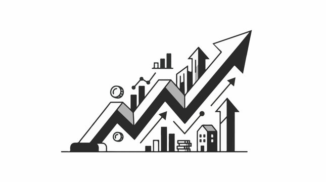 Stylized upward trending graph with financial elements like coins and buildings