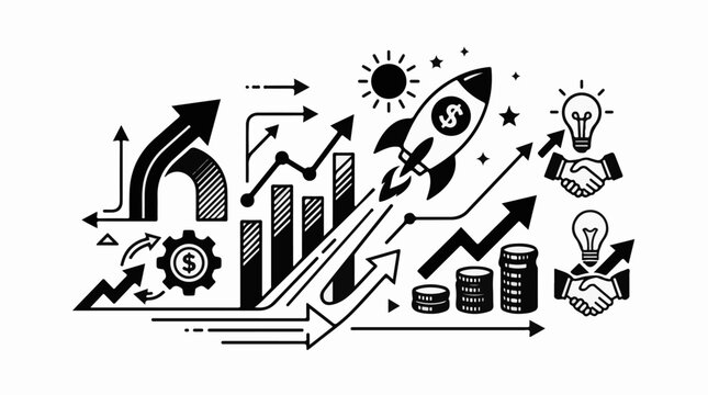 Rocket launches graphs coins and handshakes symbolize business growth and innovation