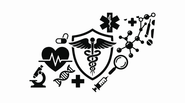 Medical and scientific symbols arranged creatively on a white background