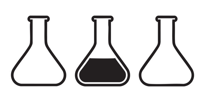 Three laboratory flasks empty and filled erlenmeyer beaker side by side.