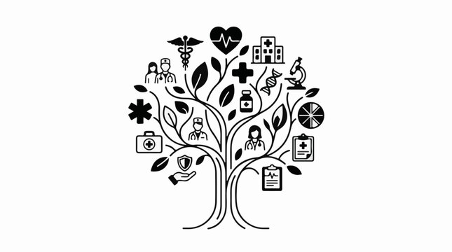 A healthcare tree with medical symbols and icons representing health and science