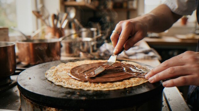 A chef spreads melted chocolate hazelnut spread onto a freshly cooked hot crepe using a small metal spatula in a professional kitchen setting.