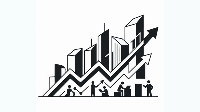 Stylized city skyline with upward trend graph and small figures
