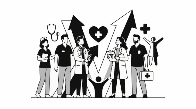 Healthcare professionals celebrate progress with upward arrows and heart symbol
