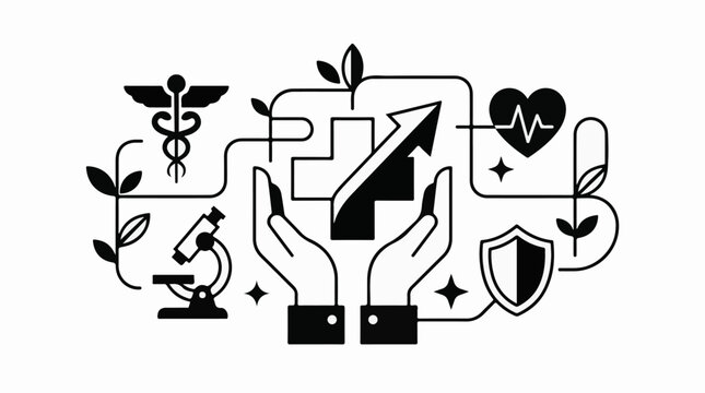 Hands holding plus sign with growth arrow and medical symbols