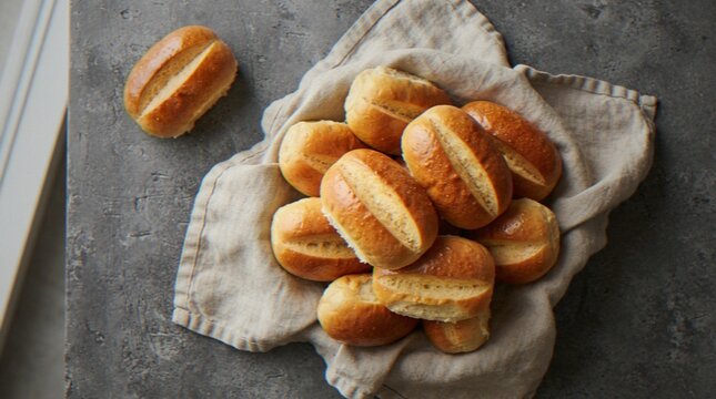 A top-down view of freshly baked bread rolls served in a soft, rustic linen towel on a dark concrete textured surface.