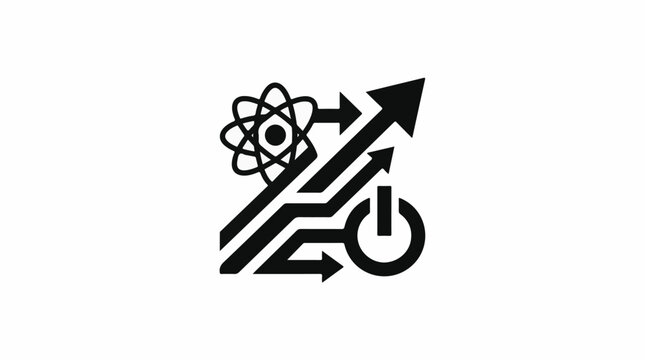 Abstract graphic with atomic structure arrows and power symbol