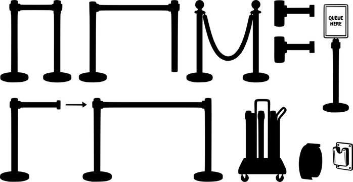 Black line retractable queue barrier vector collection, crowd control stanchions and event management equipment isolated on white background