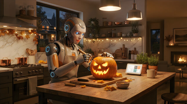 Advanced humanoid robot meticulously carving a glowing jack-o'-lantern pumpkin in a modern, cozy kitchen decorated for Halloween, showcasing AI and festive traditions