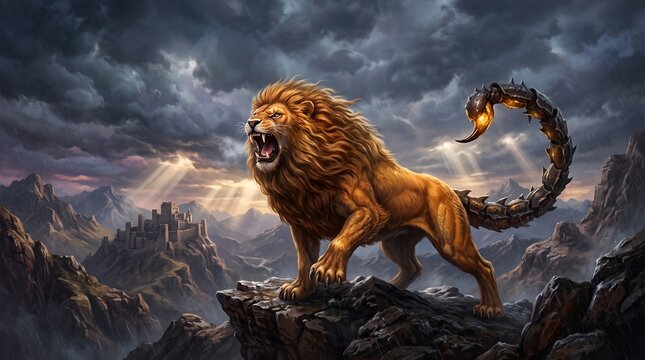 Epic fantasy concept art of a roaring manticore, a mythical lion with a glowing scorpion tail, standing on a rocky mountain cliff with a castle and stormy sky