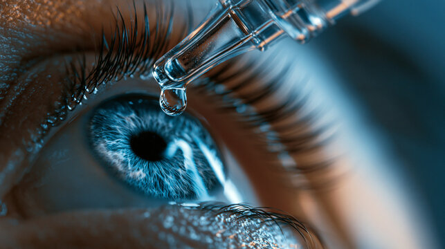 Extreme close-up of a glass dropper instilling a liquid medicine drop into a human blue eye. Ophthalmology, vision care, and medical treatment concept