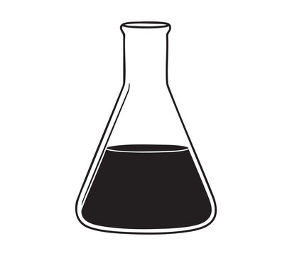 Conical laboratory flask with liquid, erlenmeyer flask, chemical experiment isolated icon.
