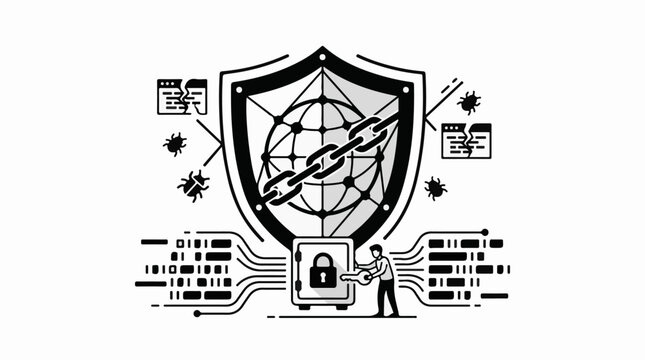 Digital security concept shield globe chain bugs safe key binary