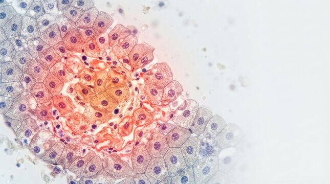 Microscopic epithelial cell layer cross section with stained nuclei and cytoplasm for histology background and educational poster