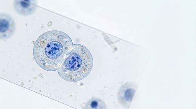 Microscopic dividing cells under a light microscope with pale blue staining for scientific background and biology education material