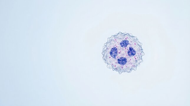 Isolated white blood cell neutrophil under microscope with granules and nucleus for medical background and laboratory poster design for immunology education