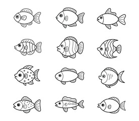 Fototapeta premium Cute Outline Fish Collection with Cartoon Aquarium and Tropical Marine Vector Icons