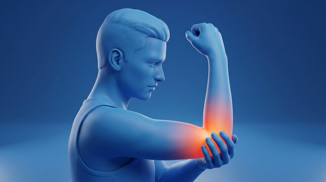 Medical illustration of a man with elbow joint pain