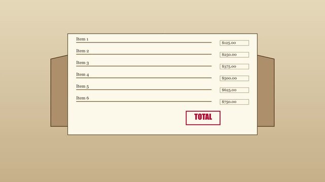 Animated digital invoice generation with itemized pricing and total calculation animation 4k billing